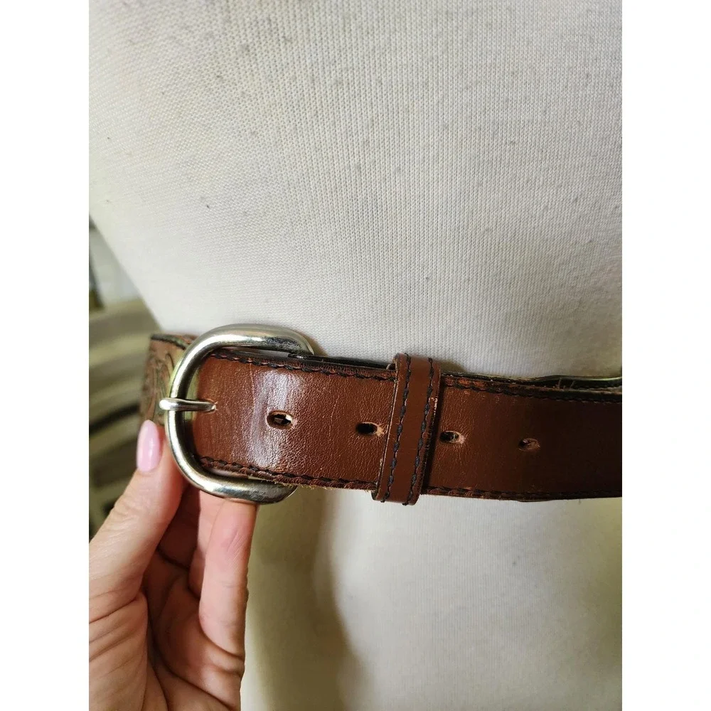 Vintage Mens Brown Tooled Leather Western Belt Eagle Floral Scroll Silver Buckle